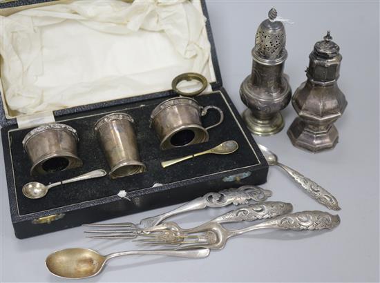 A silver condiment set, a George III silver pepperette, one other pepperette and four items of Dutch silver flatware etc.